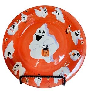 Vintage Round Glass Orange Halloween Ghost Decorative Plate by The White Barn.
